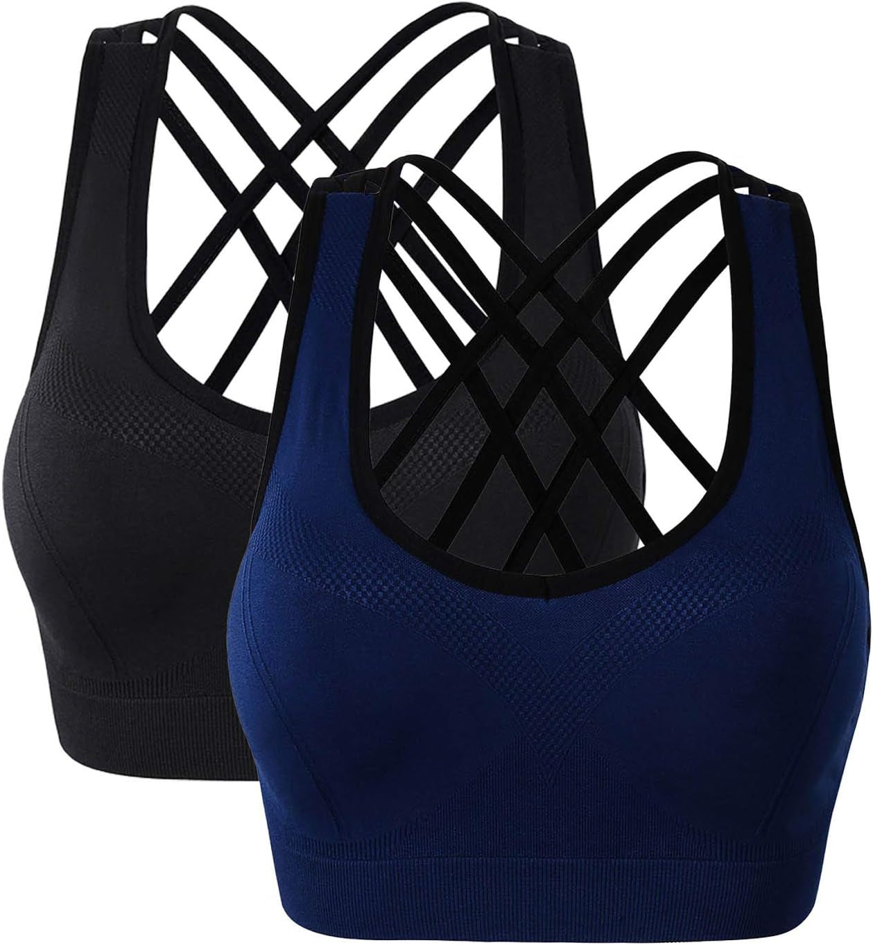 Women'S Seamless Removable Cups Yoga Sport Bra,Back Cross Strap Beauty Back Bra (Black+Blue, S)