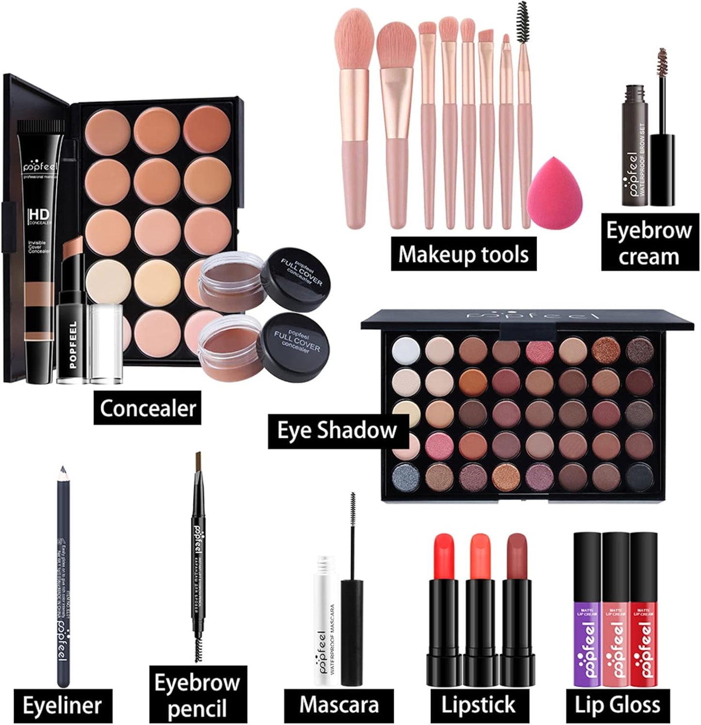 Makeup Kit for Women, Nude Eyeshadow Palette, Waterproof Black Eyeliner & Mascara, Makeup Tool Set, Lipstick, Premium Synthetic Foundation Powder, Concealer Makeup for Medium to Dark Skin #107