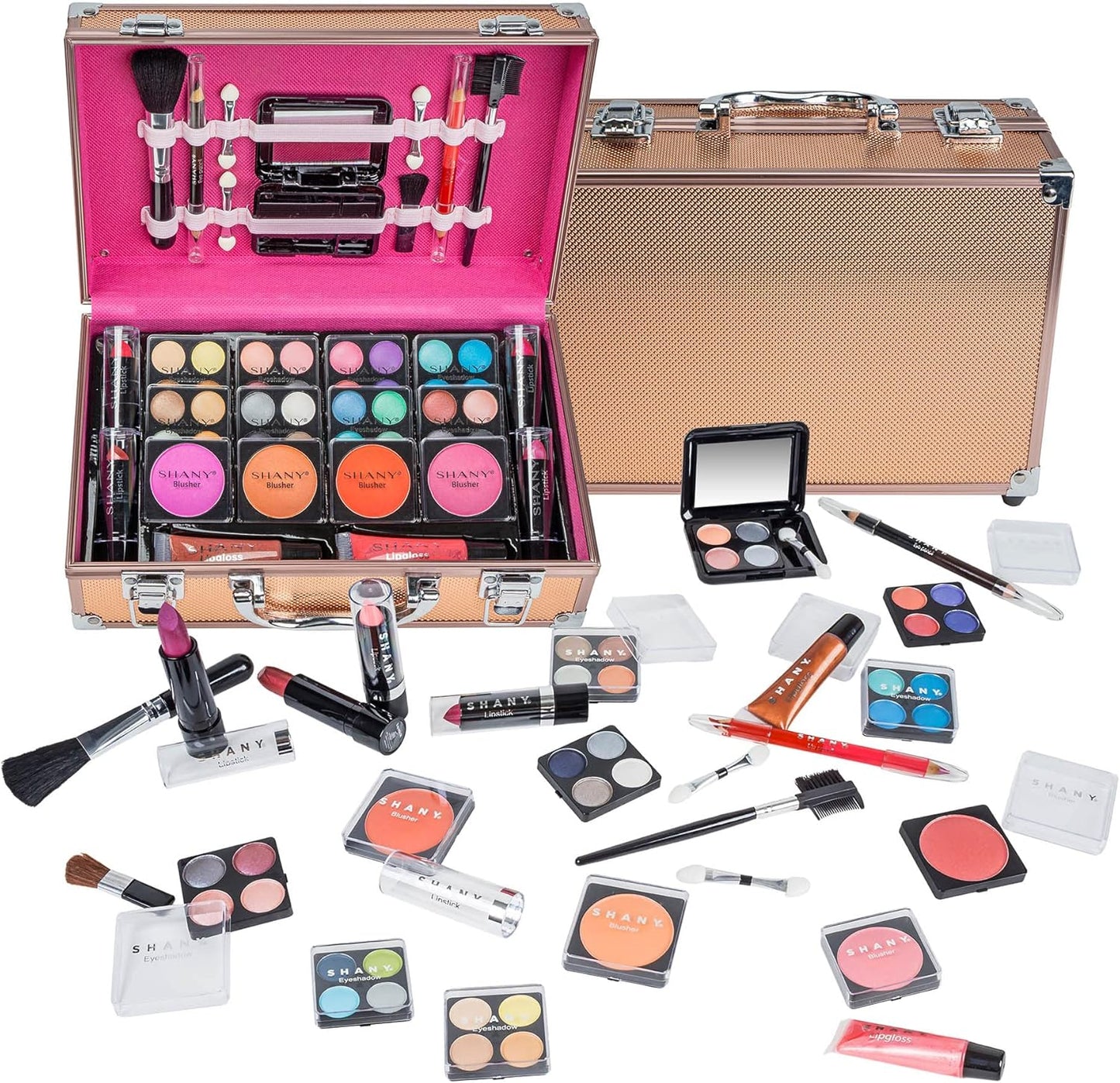 Carry All Makeup Train Case with Pro Makeup Set, Makeup Brushes, Lipsticks, Eye Shadows, Blushes, Powders, and More - Reusable Makeup Storage Organizer - Premium Gift Packaging - Rose Gold