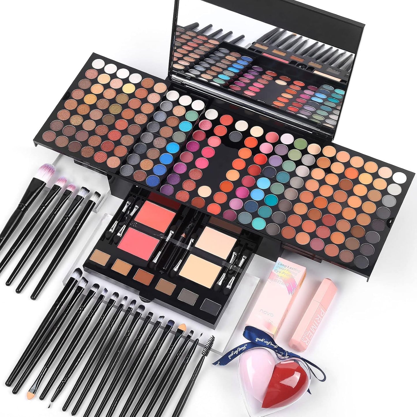 Makeup Set - 190 Colors, Includes Eyeshadow, Blushes, Eyebrow Powder, Eyeliner Pencil, Mirror, 20 Makeup Brushes, Eyeshadow Base Primer, 2 Heart Shape Sponge Puffs - Multi-Color