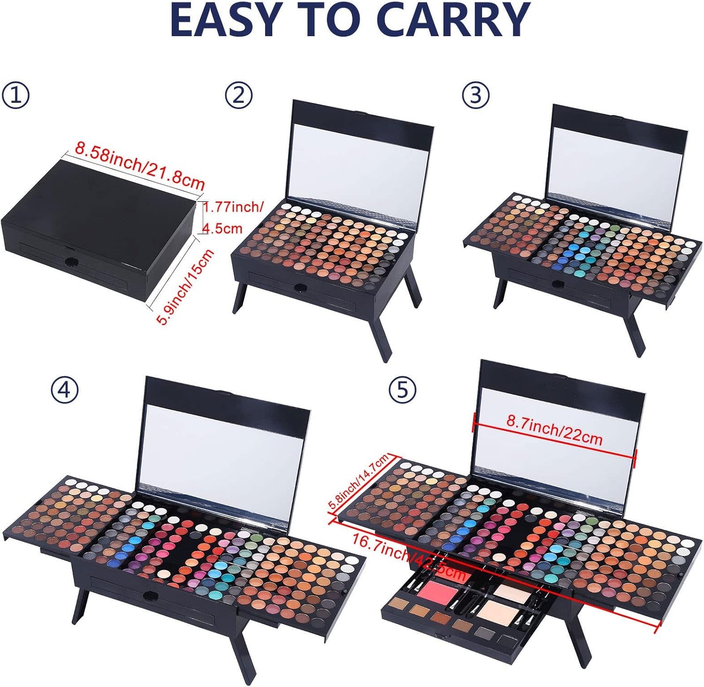 Makeup Set - 190 Colors, Includes Eyeshadow, Blushes, Eyebrow Powder, Eyeliner Pencil, Mirror, 20 Makeup Brushes, Eyeshadow Base Primer, 2 Heart Shape Sponge Puffs - Multi-Color