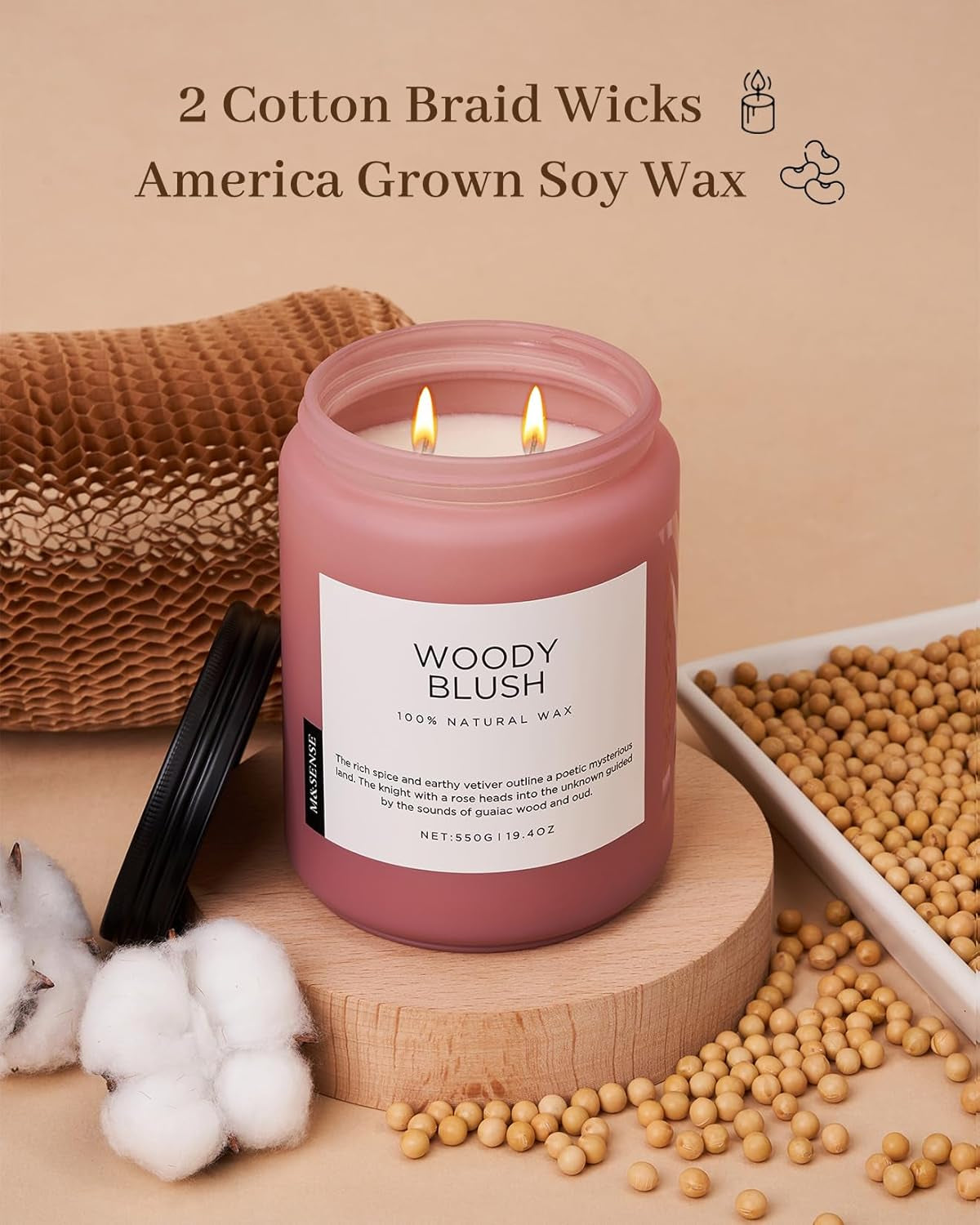 Woody Blush Soy Candles 2 Wick, Rose Vetiver Scented Candles 19.4Oz 110 Hour Long Lasting Burn, Non Toxic Natural Luxury Candle Gifts for Women,Aromatherapy Candle Gift for Mom Girlfriend Wife