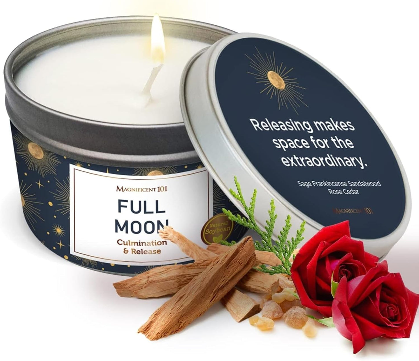 Long Lasting Full Moon Aromatherapy Tin Candle | 6 Oz - 35 Hour Burn | Made of Soy Wax with Sage, Frankincense, Sandalwood, Rose & Cedar for Manifestation, Culmination & Release