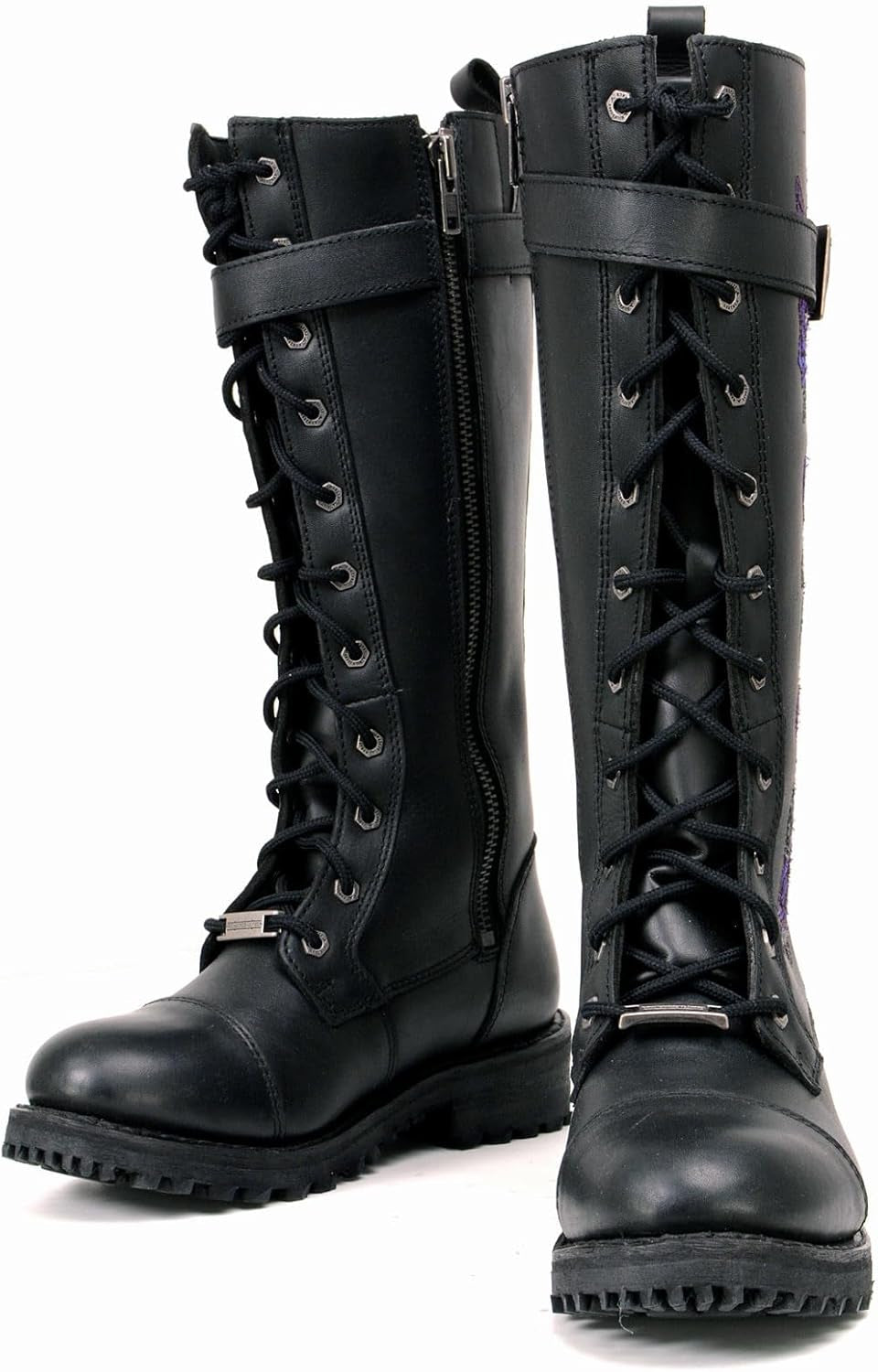MBL9357 Women'S Black 14” Tall Motorcycle Boots Lace-Up High-Rise Purple Embroidered Leather Shoe - 9