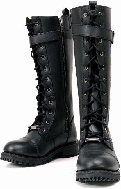 MBL9357 Women'S Black 14” Tall Motorcycle Boots Lace-Up High-Rise Purple Embroidered Leather Shoe - 9