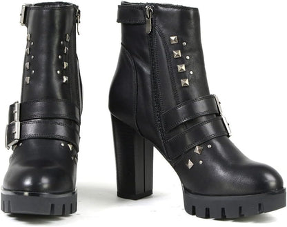 MBL9456 Women'S Premium Black Leather Fashion Platform Boots with Straps - 10