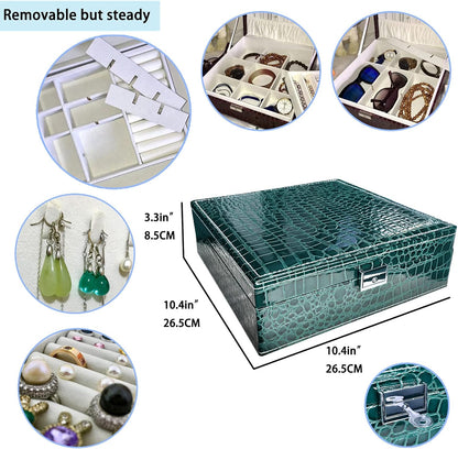 Jewelry Boxes for Women, Women'S Jewelry Boxes Organizer for Mother'S Day Gift, Two Layers Womens Black Leather Jewelry Box with Lock and Key (Green)