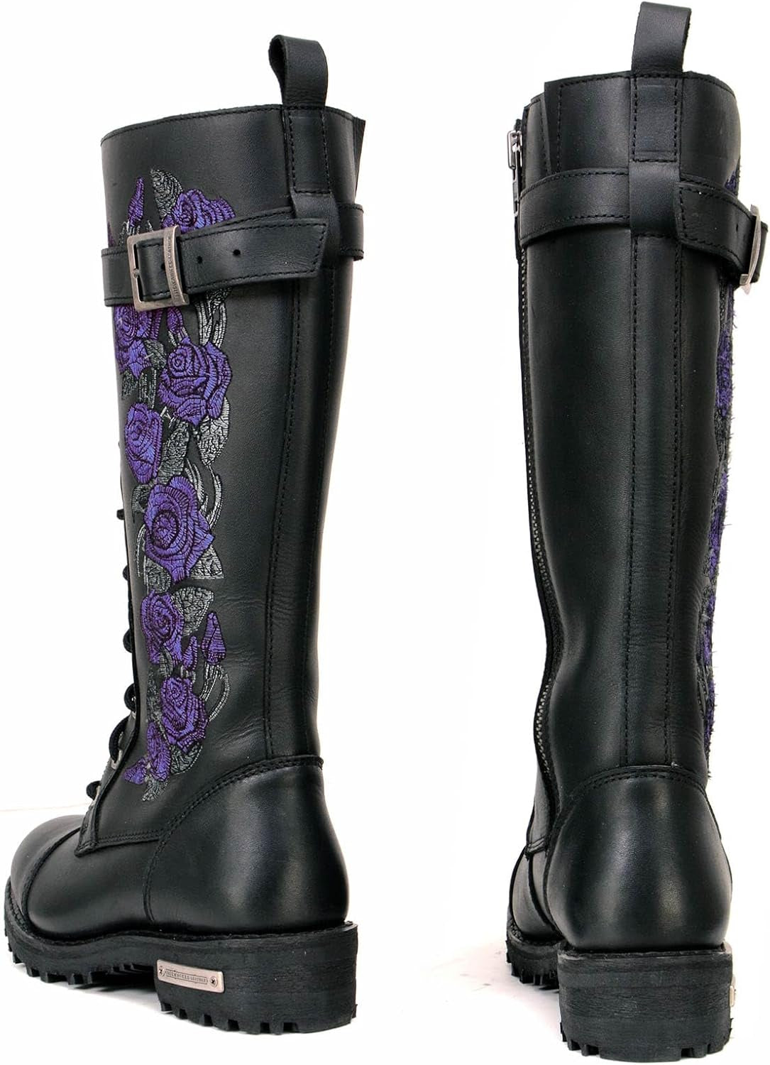 MBL9357 Women'S Black 14” Tall Motorcycle Boots Lace-Up High-Rise Purple Embroidered Leather Shoe - 9