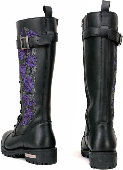 MBL9357 Women'S Black 14” Tall Motorcycle Boots Lace-Up High-Rise Purple Embroidered Leather Shoe - 9