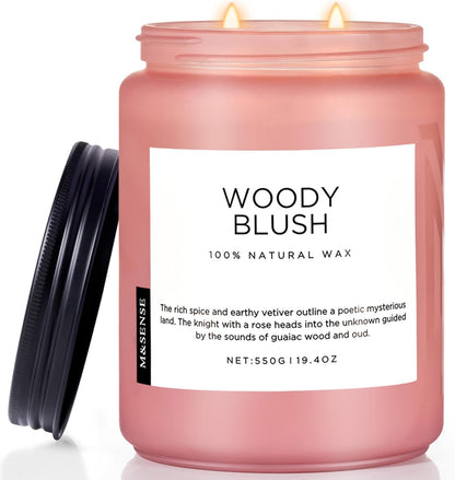Woody Blush Soy Candles 2 Wick, Rose Vetiver Scented Candles 19.4Oz 110 Hour Long Lasting Burn, Non Toxic Natural Luxury Candle Gifts for Women，Aromatherapy Candle Gift for Mom Girlfriend Wife