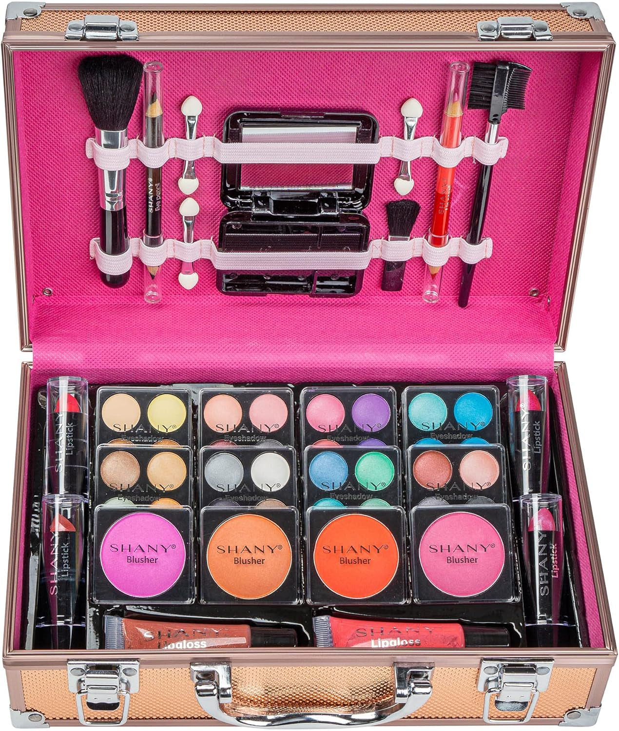 Carry All Makeup Train Case with Pro Makeup Set, Makeup Brushes, Lipsticks, Eye Shadows, Blushes, Powders, and More - Reusable Makeup Storage Organizer - Premium Gift Packaging - Rose Gold