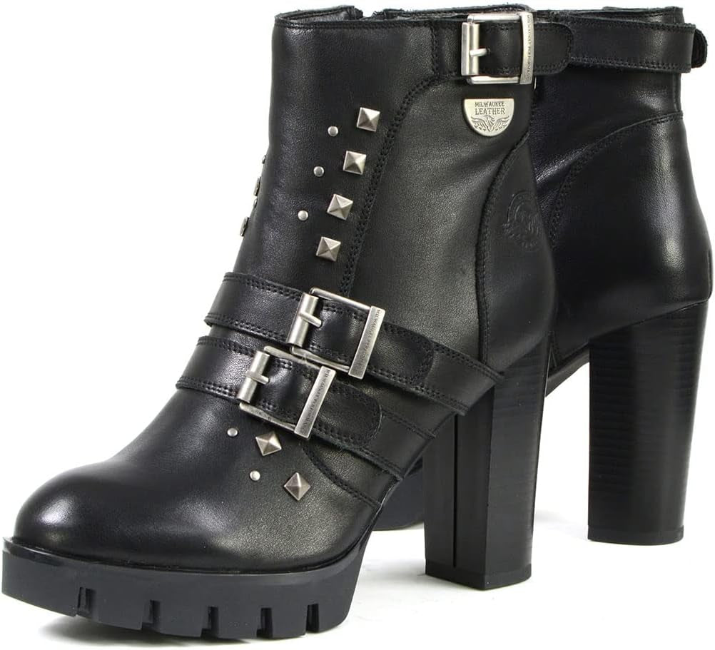 MBL9456 Women'S Premium Black Leather Fashion Platform Boots with Straps - 10