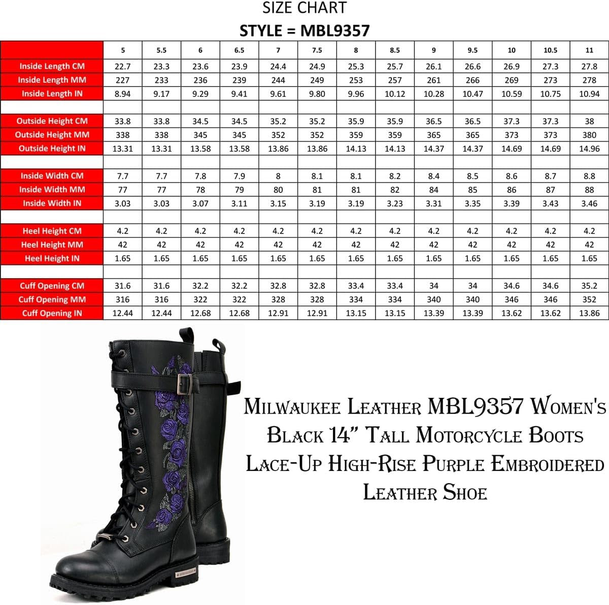 MBL9357 Women'S Black 14” Tall Motorcycle Boots Lace-Up High-Rise Purple Embroidered Leather Shoe - 9