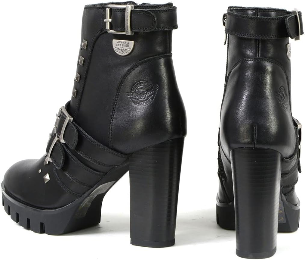 MBL9456 Women'S Premium Black Leather Fashion Platform Boots with Straps - 10