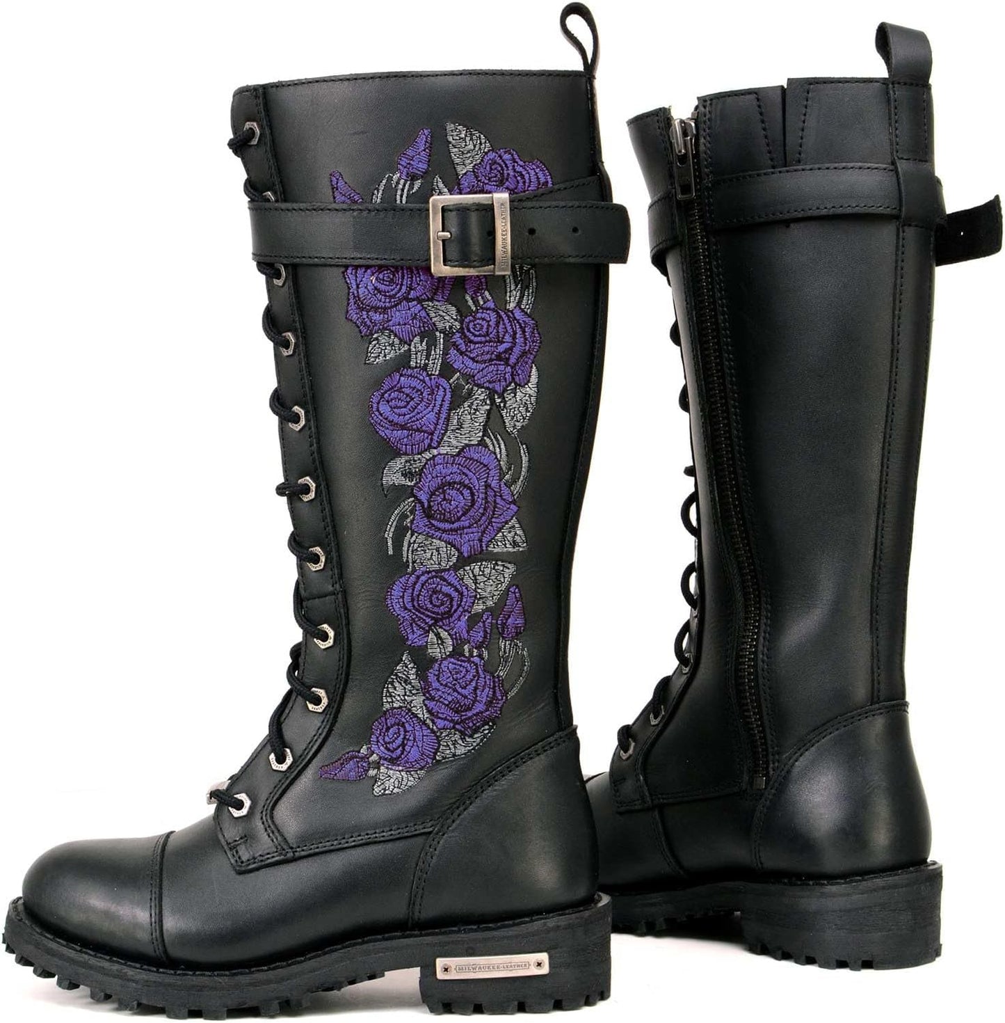 MBL9357 Women'S Black 14” Tall Motorcycle Boots Lace-Up High-Rise Purple Embroidered Leather Shoe - 9