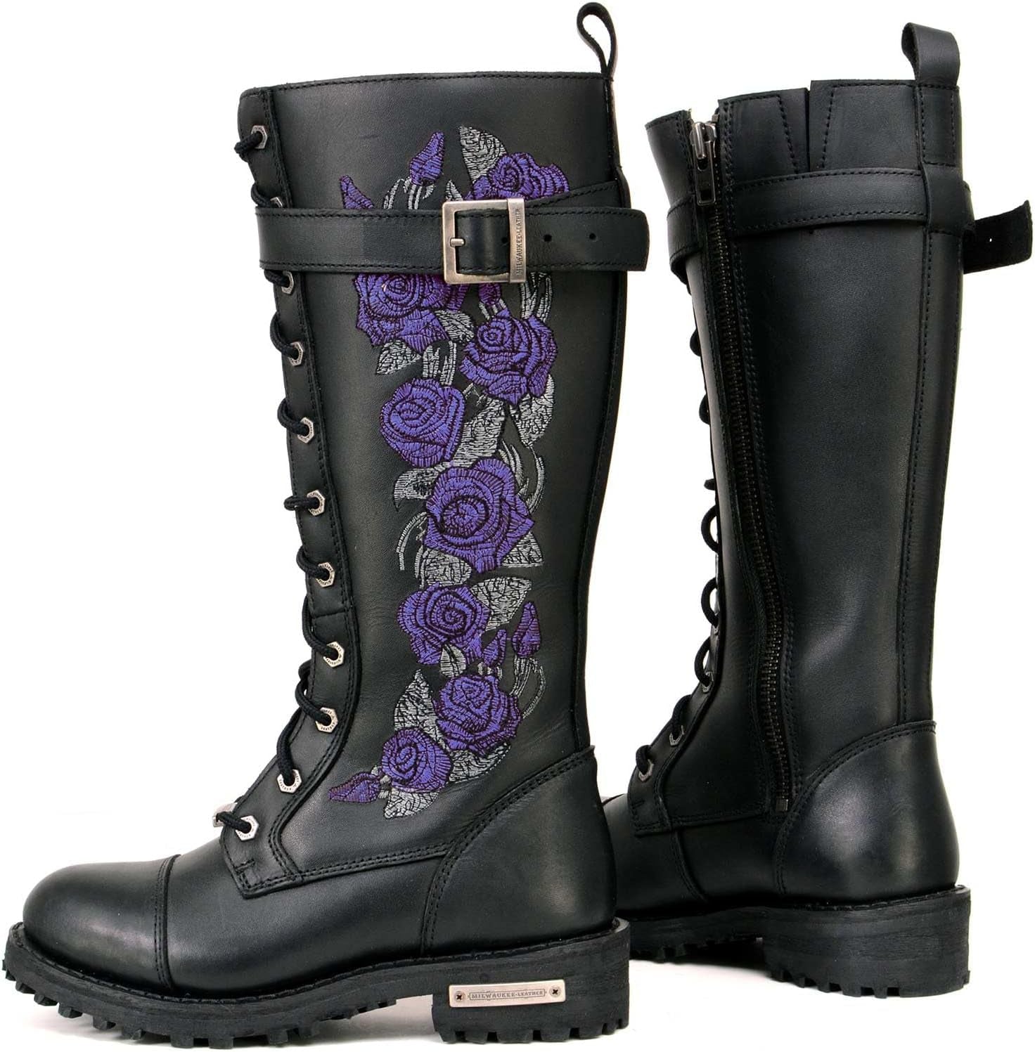 MBL9357 Women'S Black 14” Tall Motorcycle Boots Lace-Up High-Rise Purple Embroidered Leather Shoe - 9