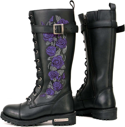 MBL9357 Women'S Black 14” Tall Motorcycle Boots Lace-Up High-Rise Purple Embroidered Leather Shoe - 9