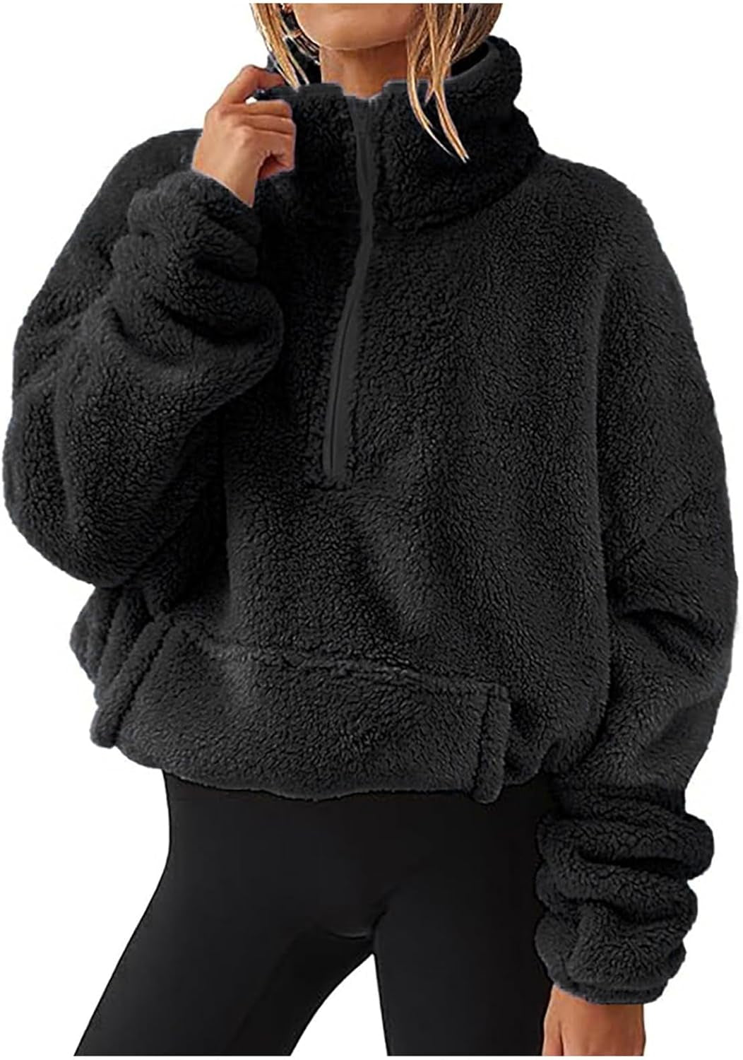 Women'S Fashion Long Sleeve Lapel Half Zip Plain Faux Fur Sweatshirt Solid Color Crop Pullover Tops with Pockets