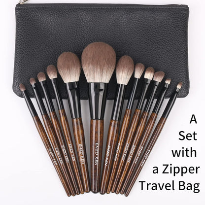 Natural Goat Hair Makeup Brush Set with Case, Natural Bristle Makeup Brushes, Makeup Brushes Set Professional, Walnut Cosmetic Brushes Makeup Set - MONI