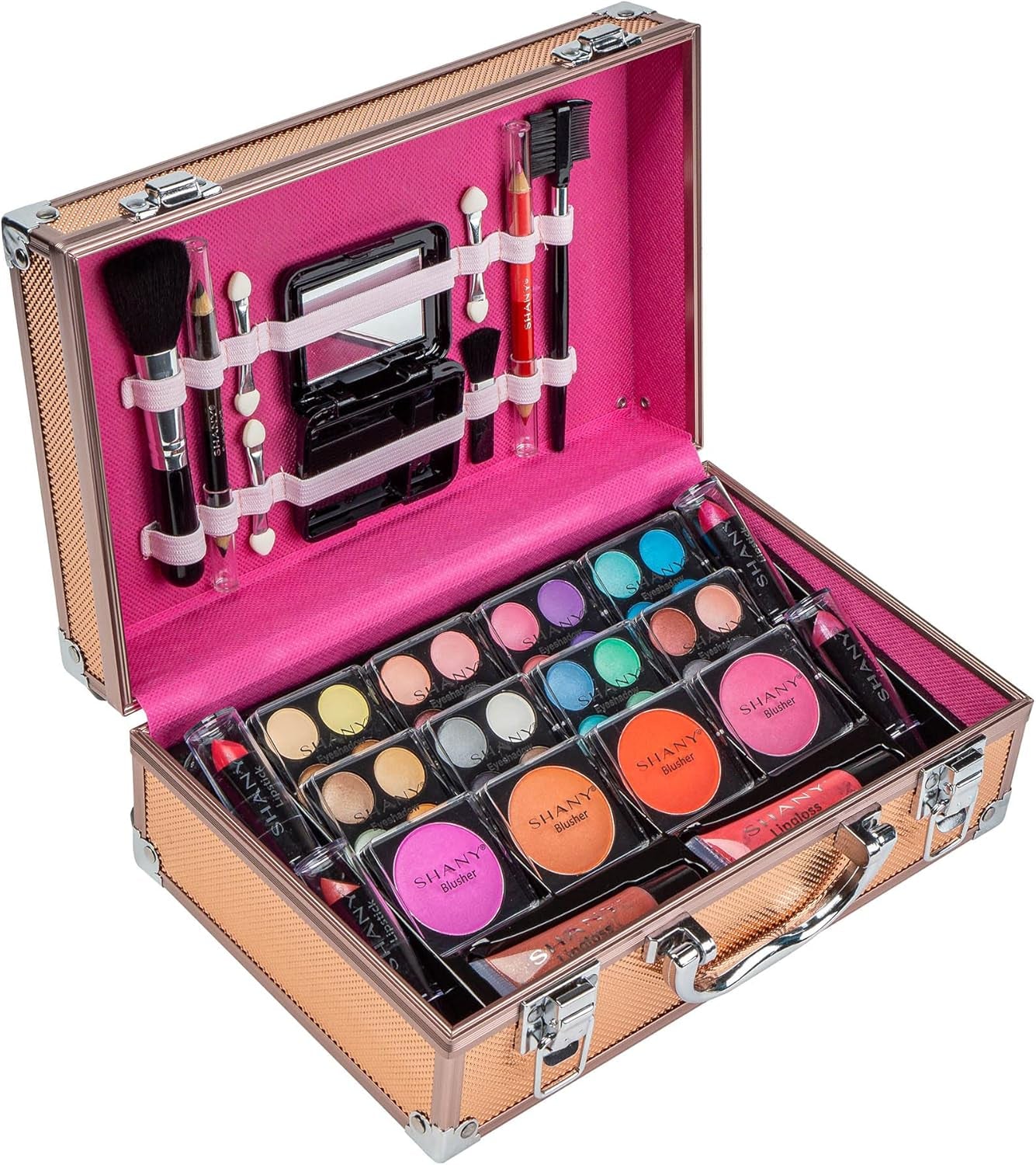 Carry All Makeup Train Case with Pro Makeup Set, Makeup Brushes, Lipsticks, Eye Shadows, Blushes, Powders, and More - Reusable Makeup Storage Organizer - Premium Gift Packaging - Rose Gold