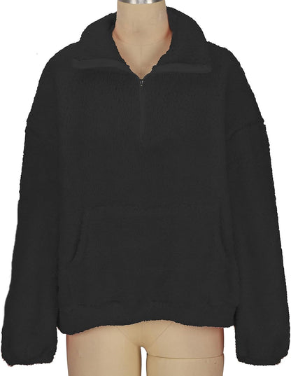 Women'S Fashion Long Sleeve Lapel Half Zip Plain Faux Fur Sweatshirt Solid Color Crop Pullover Tops with Pockets