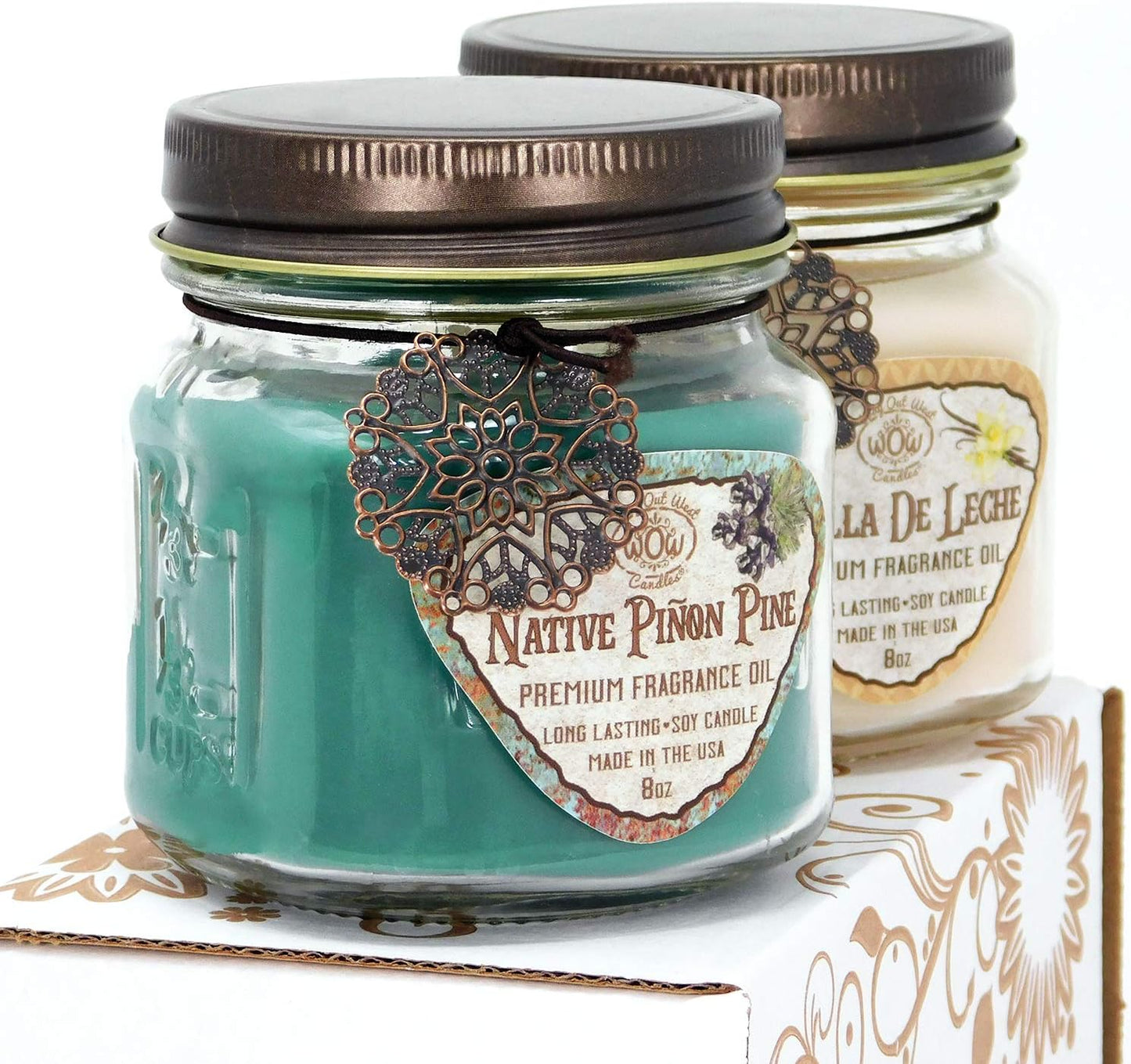 Way Out West Scented Candles in Piñon Pine & Vanilla De Leche - Gift Ready, Boxed Set of 2 Jar Candles - Fragrant, Long Lasting Soy Wax Blend - Delightful Soothing Fragrances for a Warm, Cozy Home