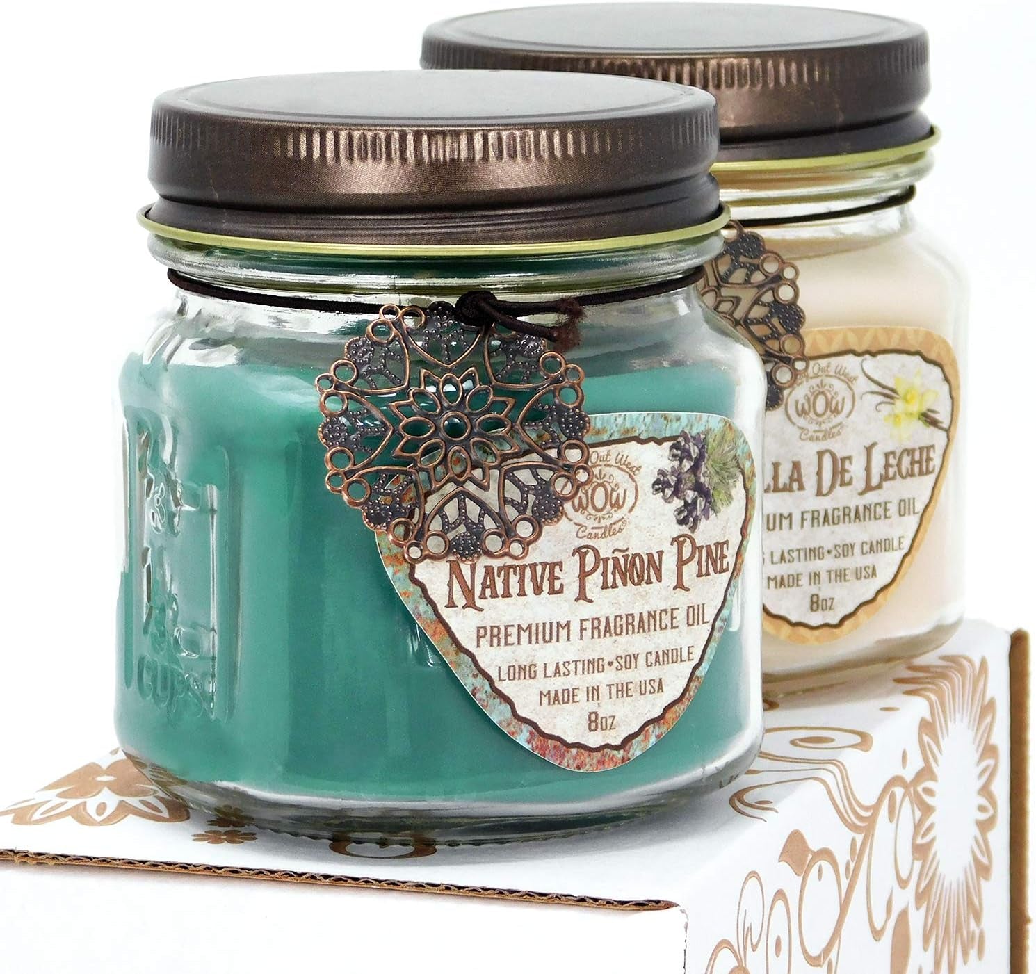 Way Out West Scented Candles in Piñon Pine & Vanilla De Leche - Gift Ready, Boxed Set of 2 Jar Candles - Fragrant, Long Lasting Soy Wax Blend - Delightful Soothing Fragrances for a Warm, Cozy Home