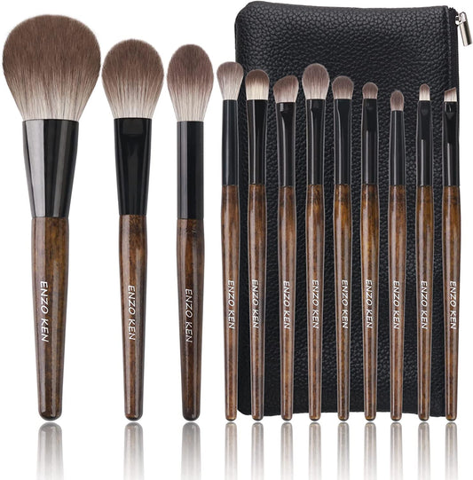 Natural Goat Hair Makeup Brush Set with Case, Natural Bristle Makeup Brushes, Makeup Brushes Set Professional, Walnut Cosmetic Brushes Makeup Set - MONI
