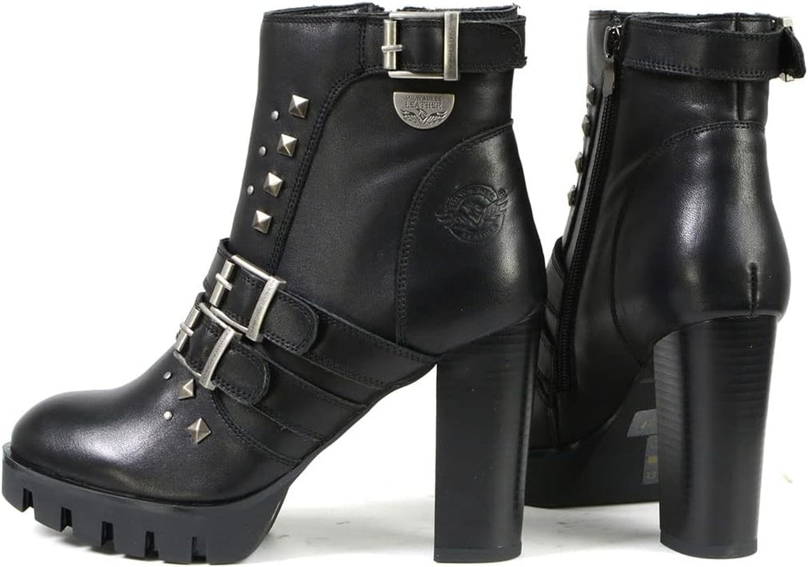 MBL9456 Women'S Premium Black Leather Fashion Platform Boots with Straps - 10
