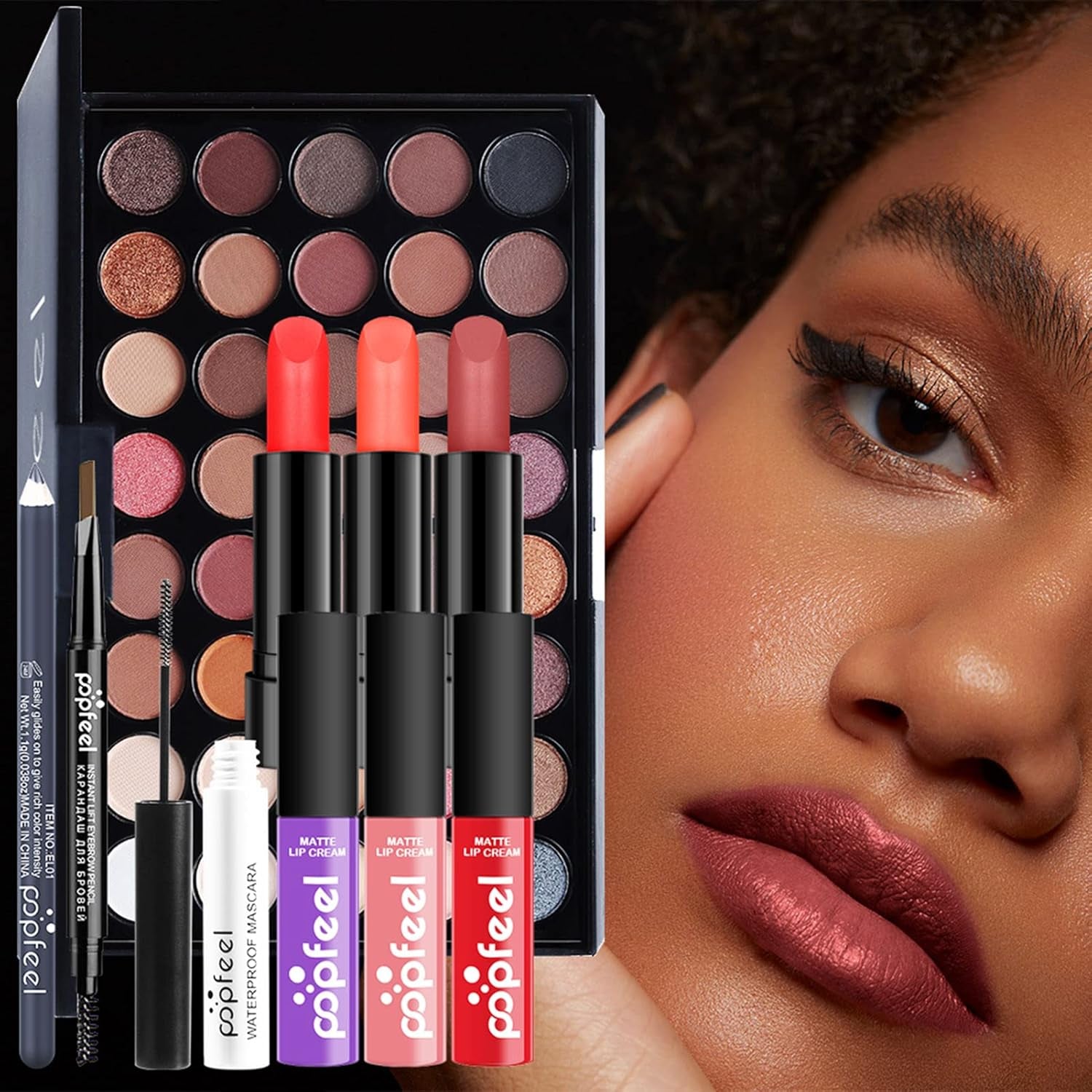 Makeup Kit for Women, Nude Eyeshadow Palette, Waterproof Black Eyeliner & Mascara, Makeup Tool Set, Lipstick, Premium Synthetic Foundation Powder, Concealer Makeup for Medium to Dark Skin #107