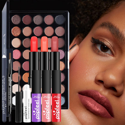 Makeup Kit for Women, Nude Eyeshadow Palette, Waterproof Black Eyeliner & Mascara, Makeup Tool Set, Lipstick, Premium Synthetic Foundation Powder, Concealer Makeup for Medium to Dark Skin #107