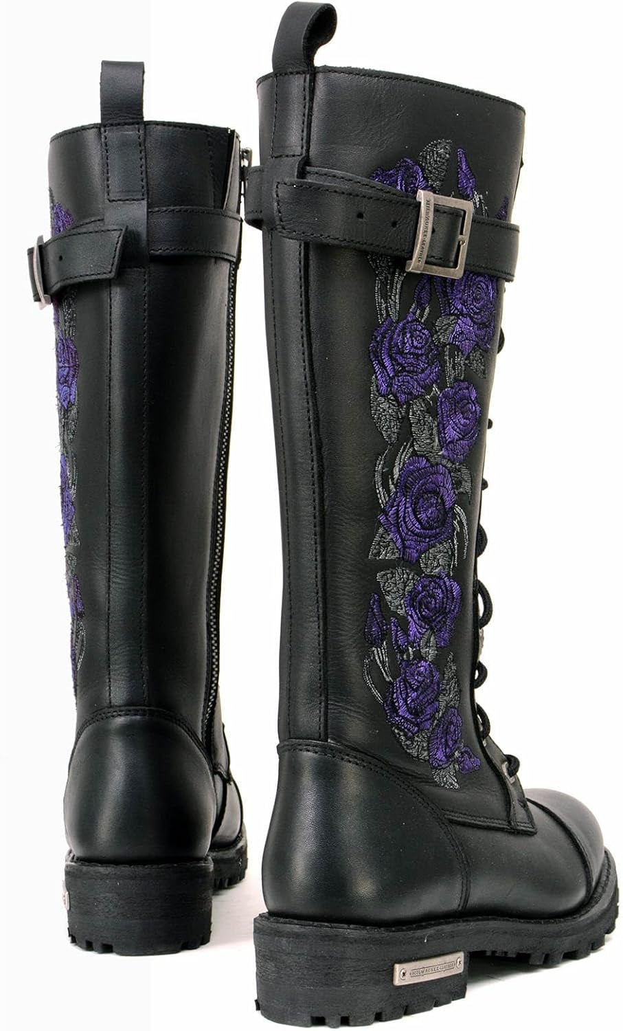 MBL9357 Women'S Black 14” Tall Motorcycle Boots Lace-Up High-Rise Purple Embroidered Leather Shoe - 9