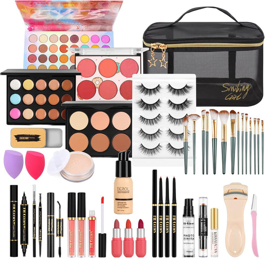 Makeup Set,Make up Starter Kit with Storage Bag Portable Travel Make up Palette Eyeshadow Foundation Lip Gloss for Teenage & Adults (Type A)