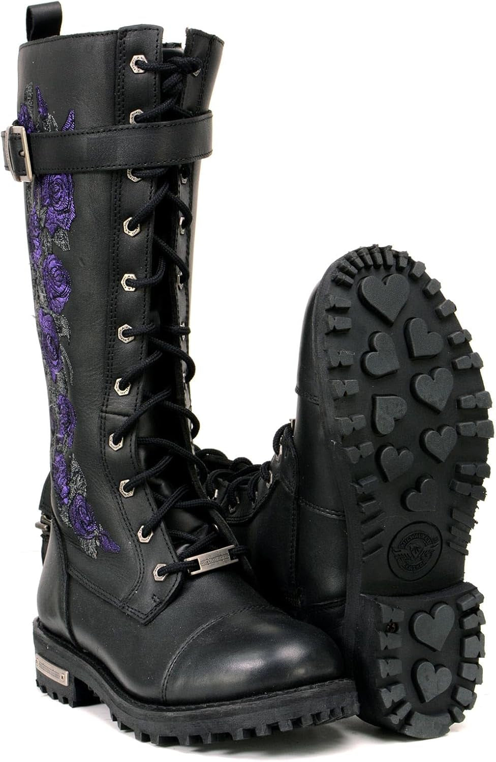 MBL9357 Women'S Black 14” Tall Motorcycle Boots Lace-Up High-Rise Purple Embroidered Leather Shoe - 9