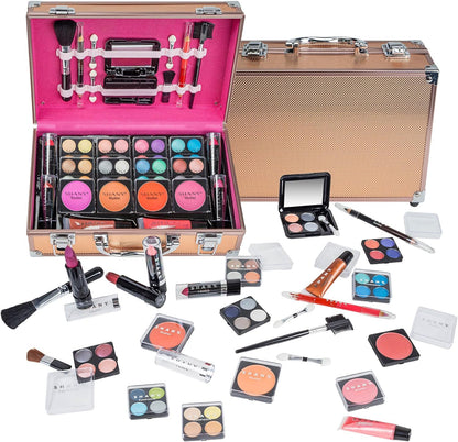 Carry All Makeup Train Case with Pro Makeup Set, Makeup Brushes, Lipsticks, Eye Shadows, Blushes, Powders, and More - Reusable Makeup Storage Organizer - Premium Gift Packaging - Rose Gold