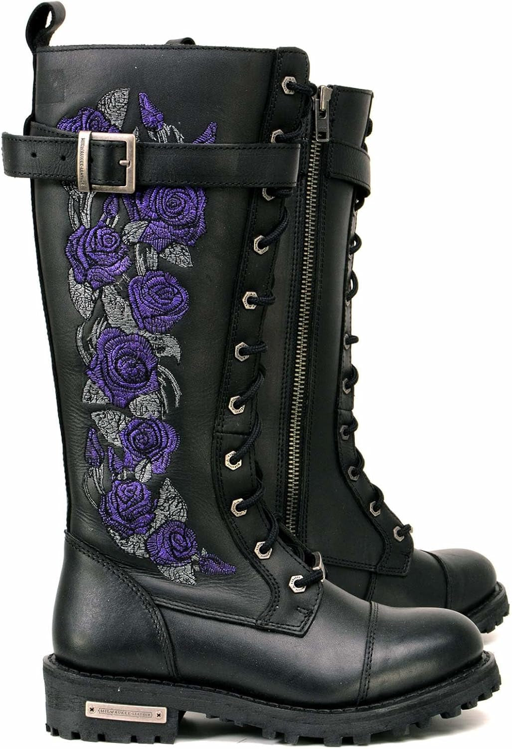 MBL9357 Women'S Black 14” Tall Motorcycle Boots Lace-Up High-Rise Purple Embroidered Leather Shoe - 9