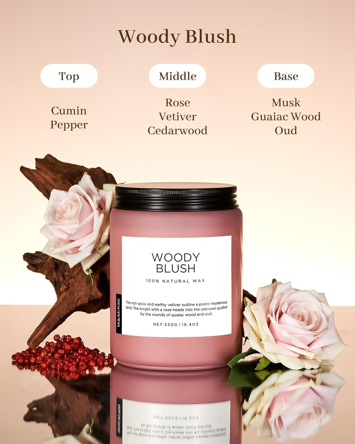 Woody Blush Soy Candles 2 Wick, Rose Vetiver Scented Candles 19.4Oz 110 Hour Long Lasting Burn, Non Toxic Natural Luxury Candle Gifts for Women，Aromatherapy Candle Gift for Mom Girlfriend Wife