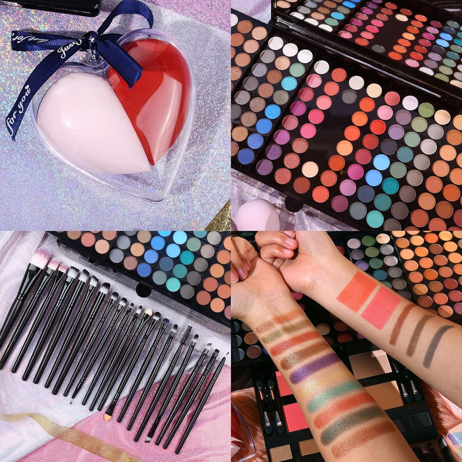 Makeup Set - 190 Colors, Includes Eyeshadow, Blushes, Eyebrow Powder, Eyeliner Pencil, Mirror, 20 Makeup Brushes, Eyeshadow Base Primer, 2 Heart Shape Sponge Puffs - Multi-Color