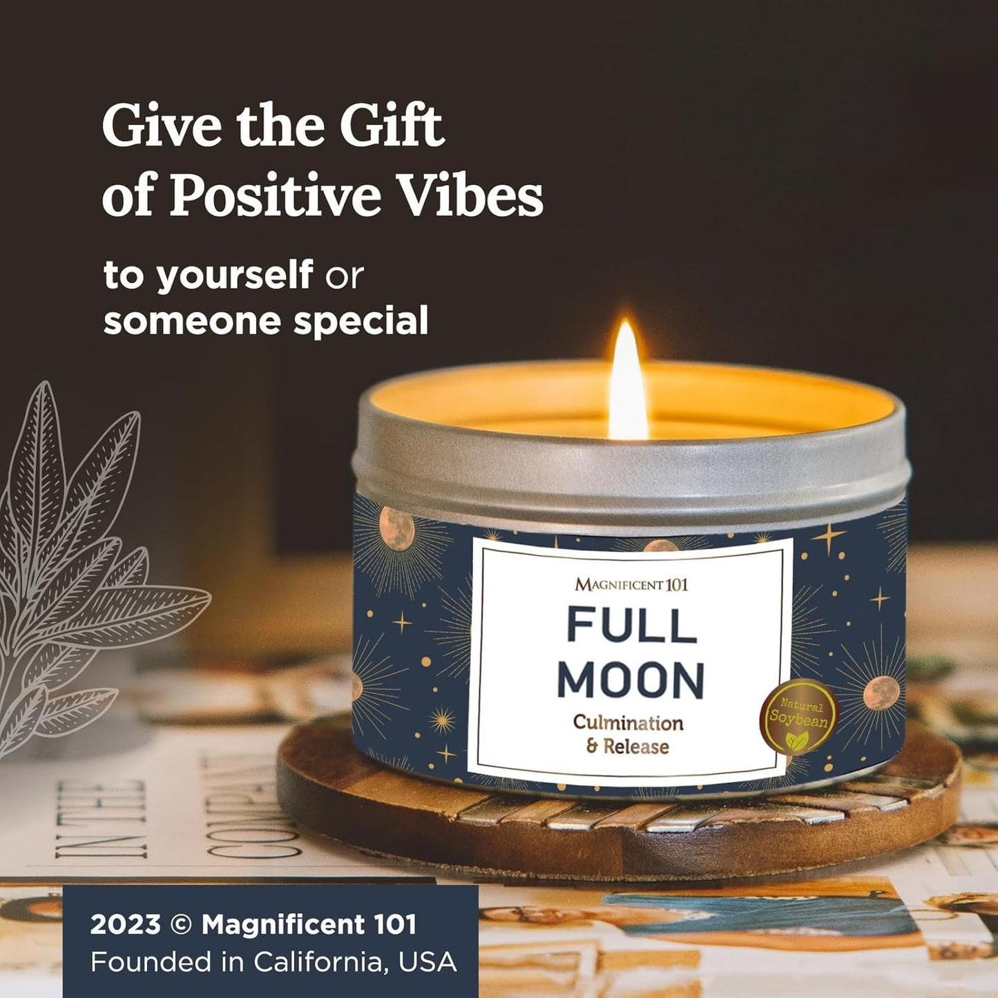 Long Lasting Full Moon Aromatherapy Tin Candle | 6 Oz - 35 Hour Burn | Made of Soy Wax with Sage, Frankincense, Sandalwood, Rose & Cedar for Manifestation, Culmination & Release