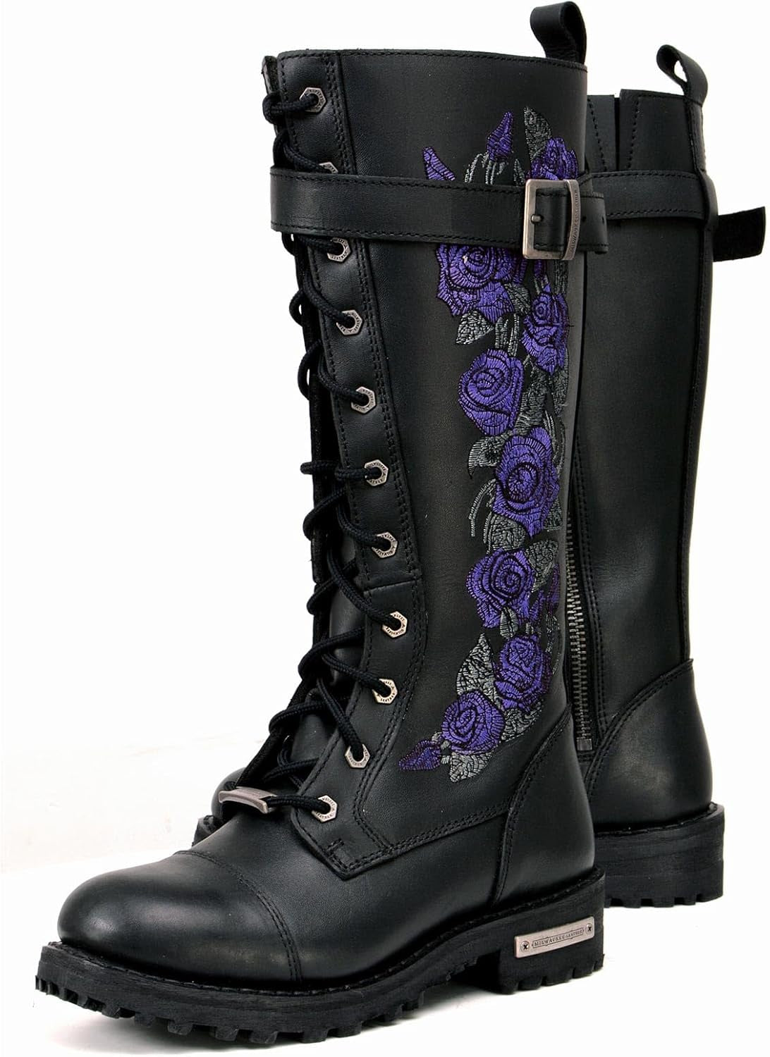 MBL9357 Women'S Black 14” Tall Motorcycle Boots Lace-Up High-Rise Purple Embroidered Leather Shoe - 9
