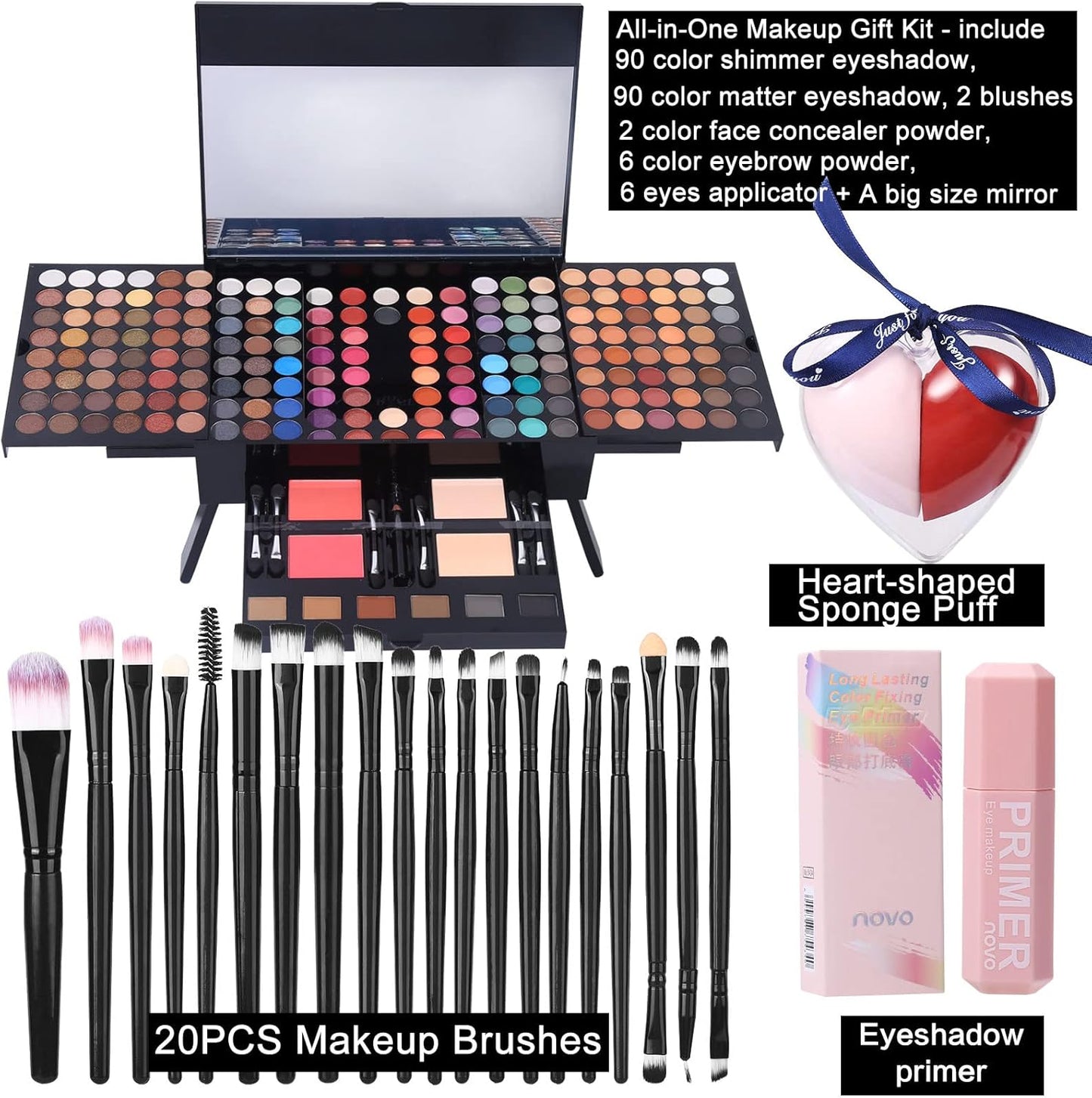 Makeup Set - 190 Colors, Includes Eyeshadow, Blushes, Eyebrow Powder, Eyeliner Pencil, Mirror, 20 Makeup Brushes, Eyeshadow Base Primer, 2 Heart Shape Sponge Puffs - Multi-Color