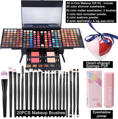 Makeup Set - 190 Colors, Includes Eyeshadow, Blushes, Eyebrow Powder, Eyeliner Pencil, Mirror, 20 Makeup Brushes, Eyeshadow Base Primer, 2 Heart Shape Sponge Puffs - Multi-Color