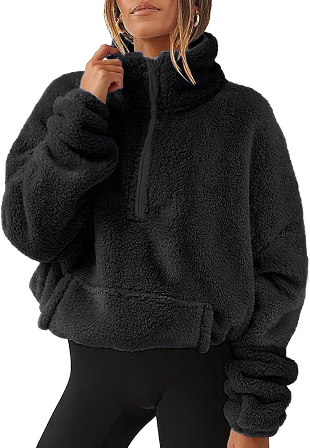 Women'S Fashion Long Sleeve Lapel Half Zip Plain Faux Fur Sweatshirt Solid Color Crop Pullover Tops with Pockets
