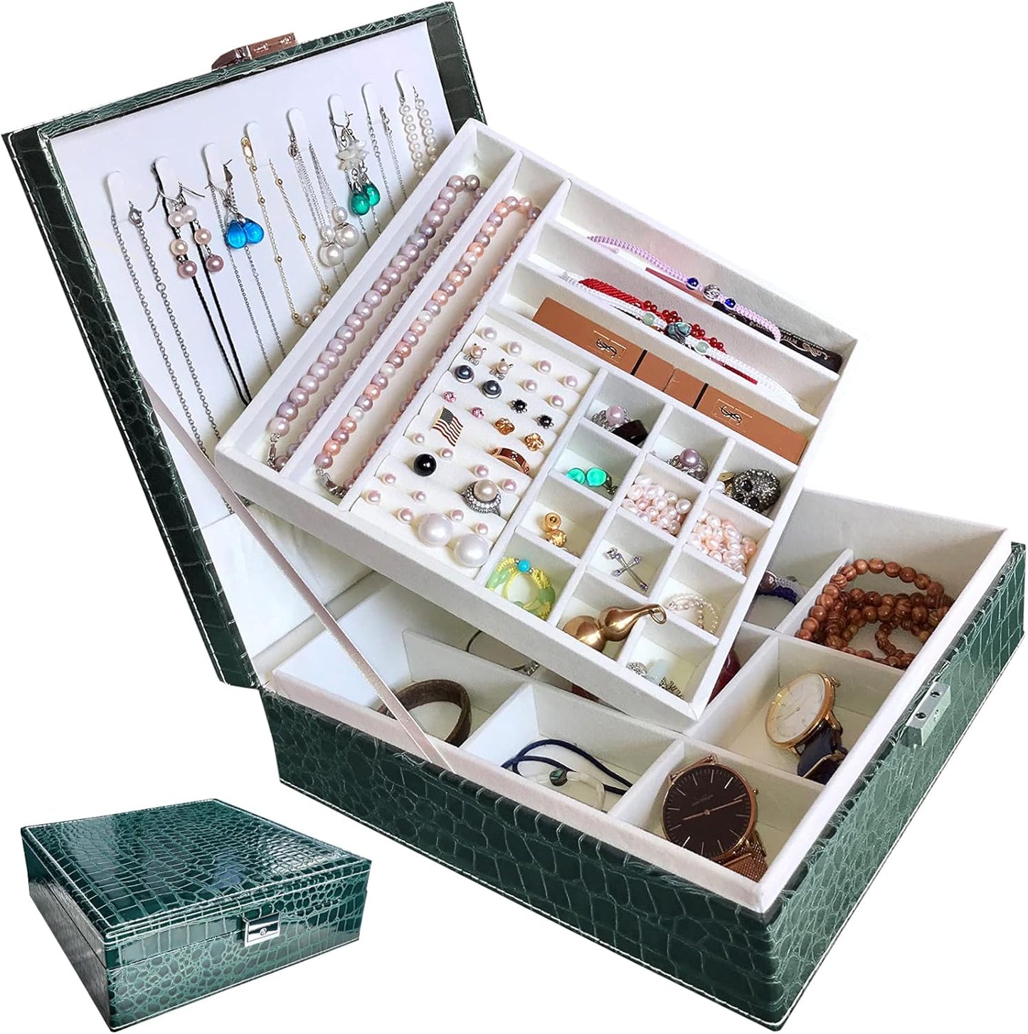 Jewelry Boxes for Women, Women'S Jewelry Boxes Organizer for Mother'S Day Gift, Two Layers Womens Black Leather Jewelry Box with Lock and Key (Green)