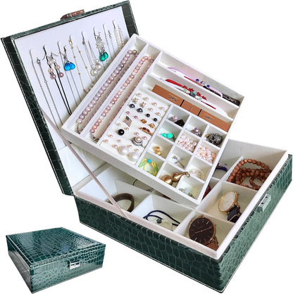 Jewelry Boxes for Women, Women'S Jewelry Boxes Organizer for Mother'S Day Gift, Two Layers Womens Black Leather Jewelry Box with Lock and Key (Green)