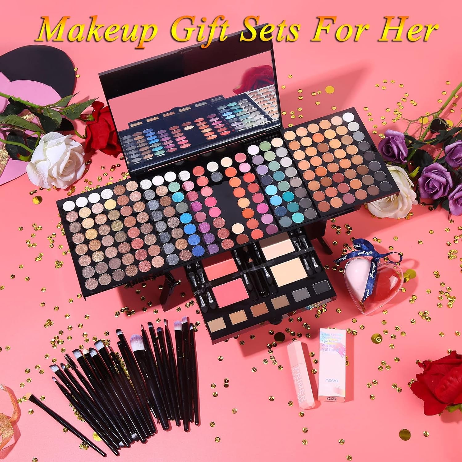 Makeup Set - 190 Colors, Includes Eyeshadow, Blushes, Eyebrow Powder, Eyeliner Pencil, Mirror, 20 Makeup Brushes, Eyeshadow Base Primer, 2 Heart Shape Sponge Puffs - Multi-Color