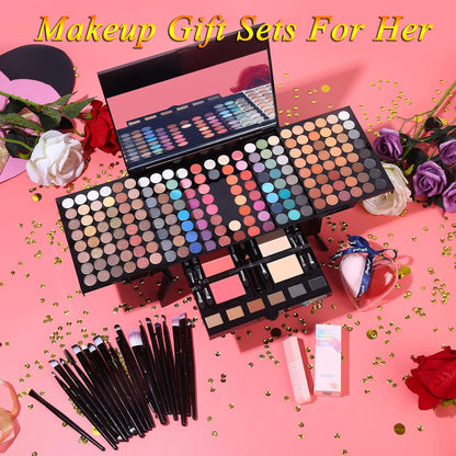 Makeup Set - 190 Colors, Includes Eyeshadow, Blushes, Eyebrow Powder, Eyeliner Pencil, Mirror, 20 Makeup Brushes, Eyeshadow Base Primer, 2 Heart Shape Sponge Puffs - Multi-Color