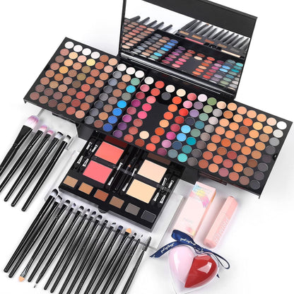 Makeup Set - 190 Colors, Includes Eyeshadow, Blushes, Eyebrow Powder, Eyeliner Pencil, Mirror, 20 Makeup Brushes, Eyeshadow Base Primer, 2 Heart Shape Sponge Puffs - Multi-Color