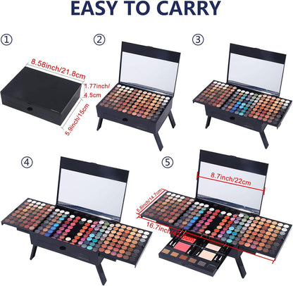 Makeup Set - 190 Colors, Includes Eyeshadow, Blushes, Eyebrow Powder, Eyeliner Pencil, Mirror, 20 Makeup Brushes, Eyeshadow Base Primer, 2 Heart Shape Sponge Puffs - Multi-Color