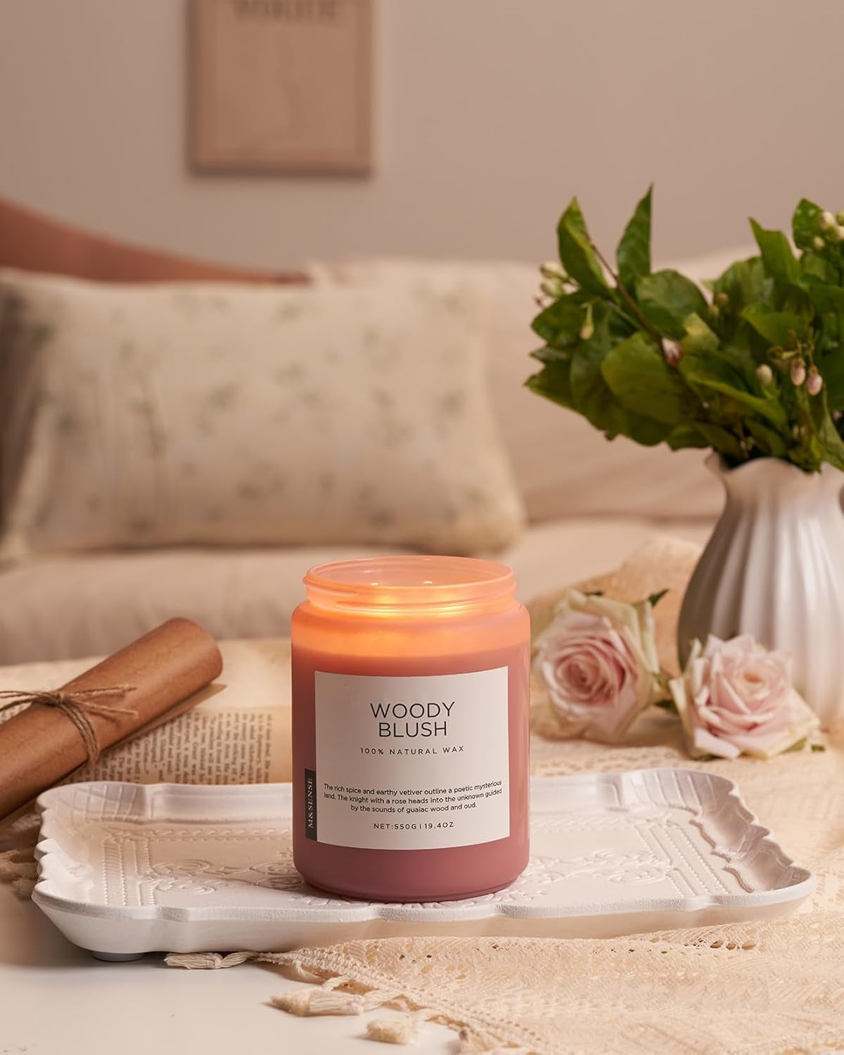 Woody Blush Soy Candles 2 Wick, Rose Vetiver Scented Candles 19.4Oz 110 Hour Long Lasting Burn, Non Toxic Natural Luxury Candle Gifts for Women，Aromatherapy Candle Gift for Mom Girlfriend Wife
